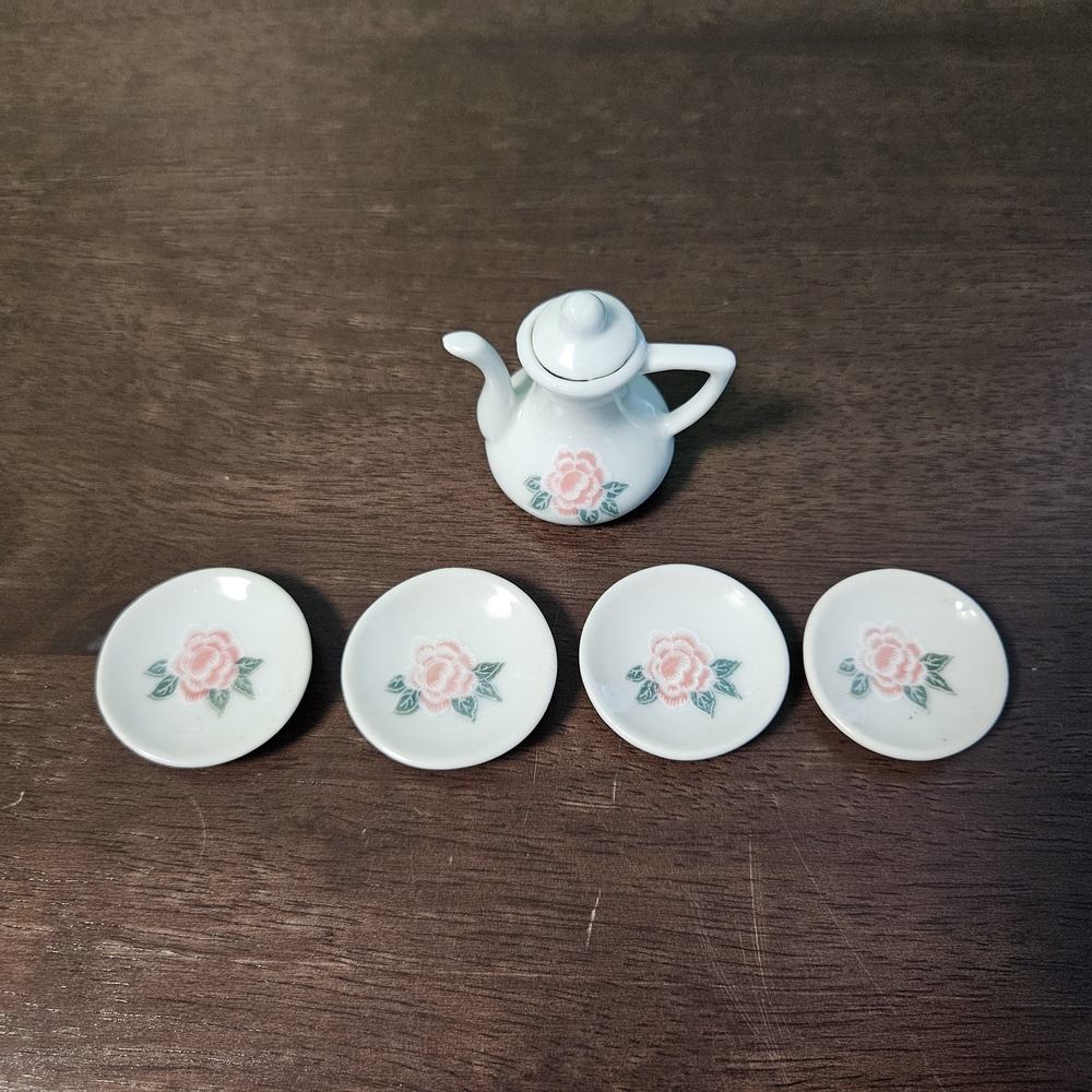 Pink Rose Miniature Porcelain‎ Teapot and Saucer Set